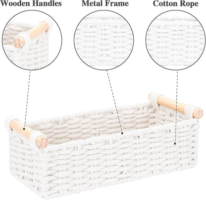 Boho Cotton Rope Storage Baskets Set of 2, Woven Wicker Organizer Bins with Wooden Handles, Small Decorative Boxes for Organizing, Toilet Paper Baskets for Bathroom Countertop, Shelves (White 2 Pack)