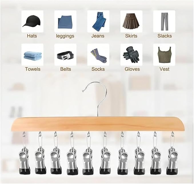10-Clip Hanging Closet Organizer, Space Saving Pants Hanger with Adjustable Clips, Multi-Layer Garment Rack for Ties, Scarves, Belts, Clothes Storage(Wood+Vintage)