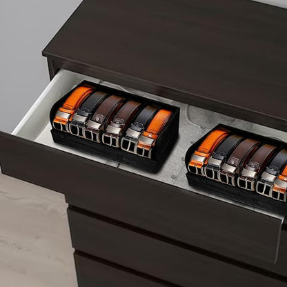 GTI Belt Organizer, 2pcs 6 Compartments Belt Organizer for Closet and Drawer, Bamboo Display Case for Tie and Belt, Belt holder Storage Organizer for Men Women (Black)