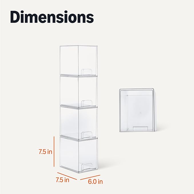 Amazon Basics Stackable Plastic Storage Makeup Organizer Drawers, Clear, 6.0" x 7.4" x 7.7", 4 Pack