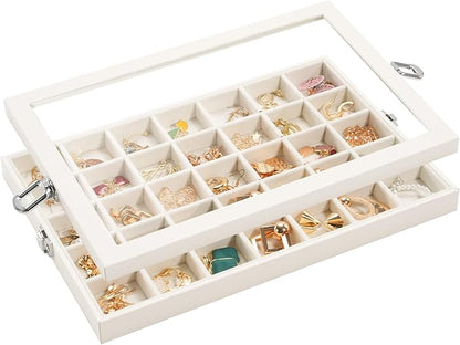 Lolalet Hanging Jewelry Organizer Bundle with 35 Grids Velvet Earring Organizer with Lid