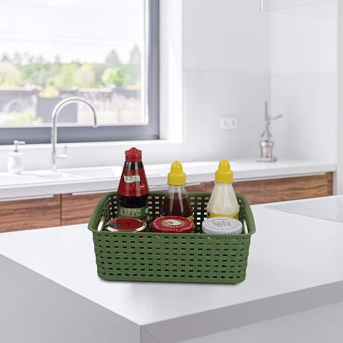 Sandmovie Plastic Weave Storage Baskets for Kitchen Bathroom, Green, 6 Packs