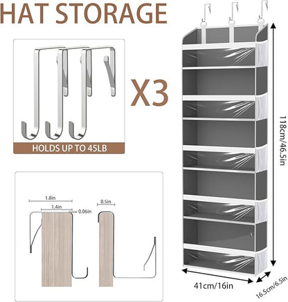 KYEVIS Over the Door Hat Organizer for Baseball Caps, Hold up to 60 Hats Rack Storage for Door/Closet/Wall, Clear Pockets Hanging Hat Holder for Baseball Caps with 10 Mesh Pockets, Grey