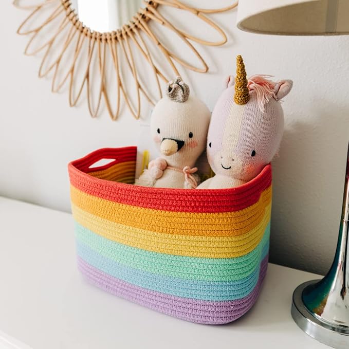 OrganiHaus Rainbow Cotton Rope Baskets for Shelves, Set of 3 - 15"×10"×9½" - Colorful Storage Baskets for Kids - Nursery, Playroom, Classroom - Toy Storage, Books, Towels