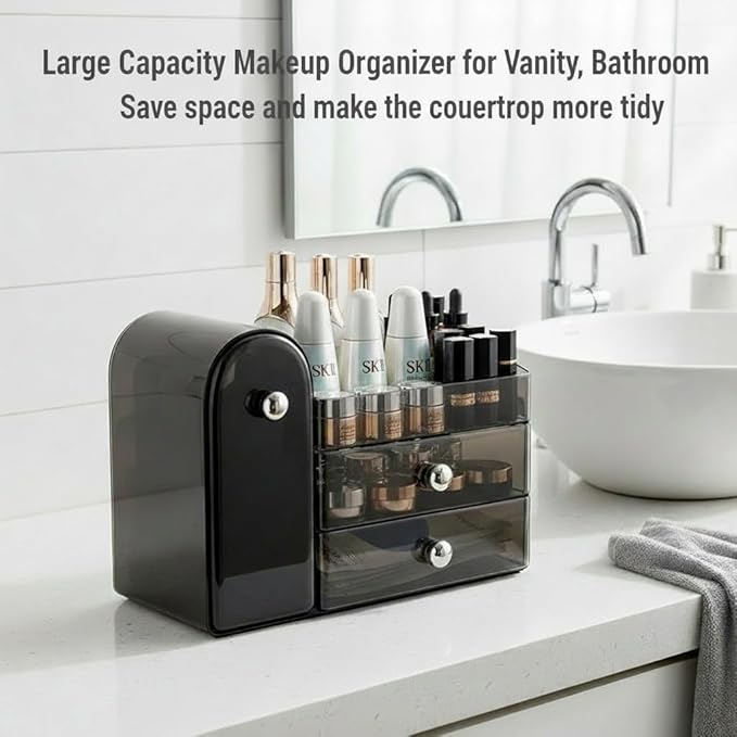 Bird&Fish Makeup Organizer with Sliding Brush Holder, Clear Skincare Organizer with Drawers, Bathroom Countertop Organizer, Sturdy Cosmetic Storage Case for Vanity, Dresser (Black)