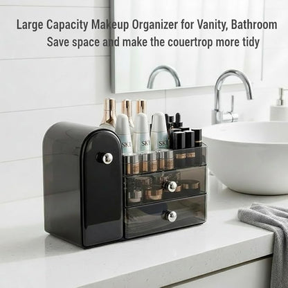 Bird&Fish Makeup Organizer with Sliding Brush Holder, Clear Skincare Organizer with Drawers, Bathroom Countertop Organizer, Sturdy Cosmetic Storage Case for Vanity, Dresser (Black)