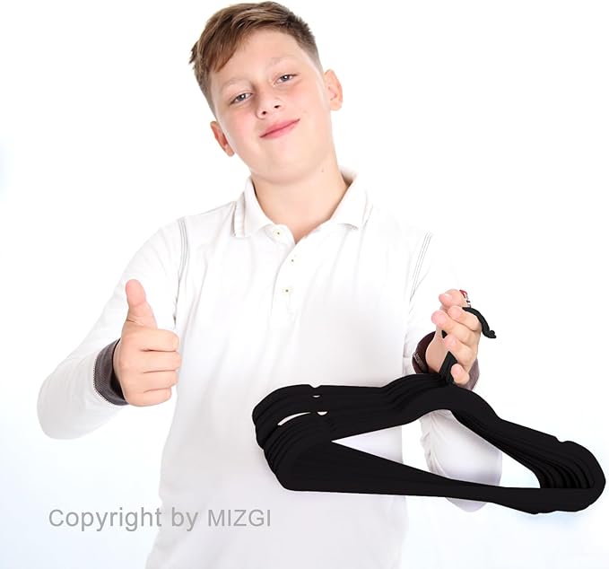 MIZGI Kids Velvet Hangers,Non-Slip Big Kids Hangers,14 Inch Hangers for Youth,Teen Clothes,Pack of 50（Black/Black）