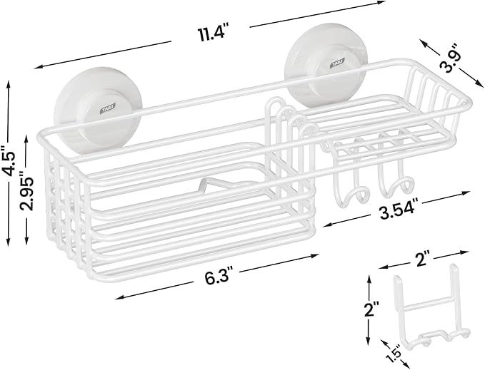 LEVERLOC Shower Caddy Suction Cup, Heavy Duty Bathroom Organizer for Inside Shower with Hooks & Soap Holder, NO-Drilling Bathroom Shelves-White