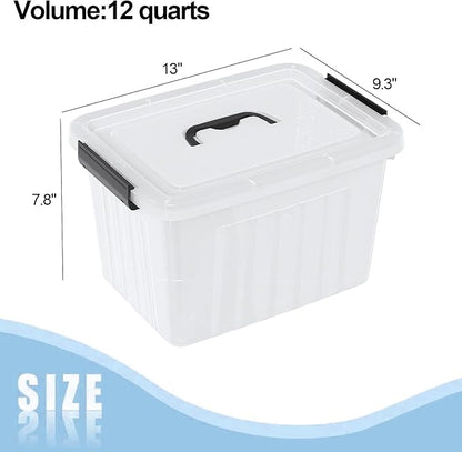 12 Quart Clear Storage Bins with Latching Lids, Stackable Plastic Containers with Handles for Organization, 6-Pack