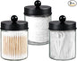 3 Pack Apothecary Jar Canisters Bathroom Vanity Organizer - Qtip Holder Storage Organizer Set Countertop Canister with Stainless Steel Lids &Cute Stickers for Qtips,Cotton Swabs,Makeup Sponges,Floss
