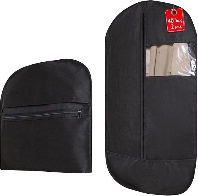 2 Pack 40"x24" Garment bags for travel Suits Bags,Accessories Zipper Pocket Lightweight Foldable with Fitted Protective Hood, Travel and Closet Storage Set, Black