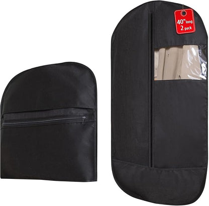2 Pack 40"x24" Garment bags for travel Suits Bags,Accessories Zipper Pocket Lightweight Foldable with Fitted Protective Hood, Travel and Closet Storage Set, Black