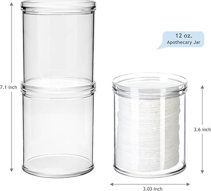 SheeChung 2-Pack Stackable Clear Qtip Holder - 10oz Crystal Apothecary Jars with Storage Lids - Clear Plastic Bathroom Countertop Organizer for Cotton Balls, Swabs, Pads - Pinterest Style Decor