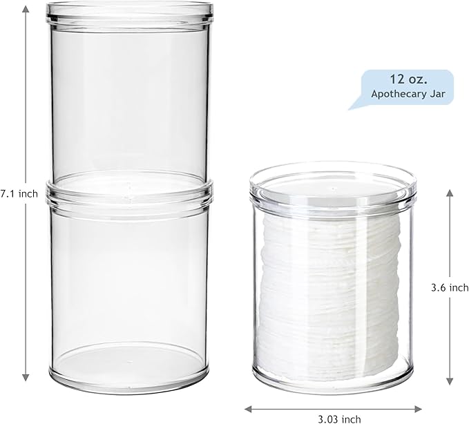 SheeChung 2-Pack Qtip Holder with Storage Lids - Clear Plastic Apothecary Jars for Bathroom Organization - Shatterproof Cotton Swab Dispenser with Labels - 10oz Vanity Counter Organizer