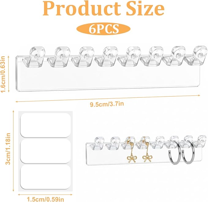 6 Pcs Necklace Holder, Hanging Jewelry Organizer, Wall Mount Jewelry Organizer with 8 Hooks, No-Drill Adhesive Hanging Racks Jewelrys Display for Rings, Earrings