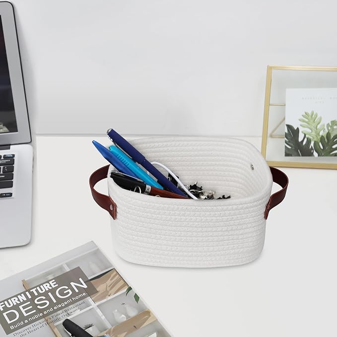 ABenkle Small Storage Basket, Mini Baskets with Handle, Cute Cotton Woven Baskets for Shelves, Boho Decorative Toy Storage Bin for Nursery, Spa, Empty Gift Basket - XS, White