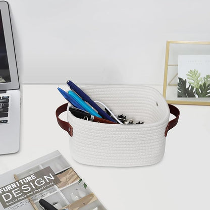 ABenkle Small Storage Basket, Mini Baskets with Handle, Cute Cotton Woven Baskets for Shelves, Boho Decorative Toy Storage Bin for Nursery, Spa, Empty Gift Basket - XS, White