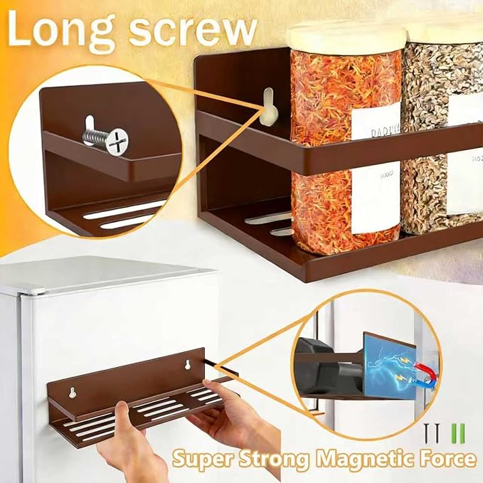 SMRCAD Magnetic Spice Rack for Refrigerator, 4pack Magnetic Shelf for Fridge Space Saving Seasoning Organizer for Any Metal Surface No Drilling Needed (Bronze -cut out, 4pack)