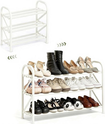 3-Tier Shoe Rack for Closet, 16"-32" Expandable ShoeRackAdjustable for Entryway Closet Doorway SturdyMetal, White