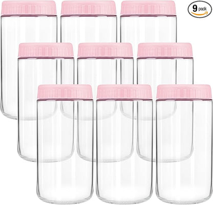 Overnight Oats Containers with Lids, 24oz Wide Mouth Mason Jars with Lids, 9 Pack Glass Jars with Airtight lid for Chia Pudding Yogurt Salad, Meal Prer Oatmeal Jars, Pink