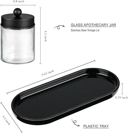 SheeChung 3-Pack Glass Apothecary Jars with Acrylic Vanity Tray - Bathroom Organizer Set for Qtip, Cotton Ball, Floss Picks - Modern Industrial Style Bathroom Accessories Storage Canister (Black)