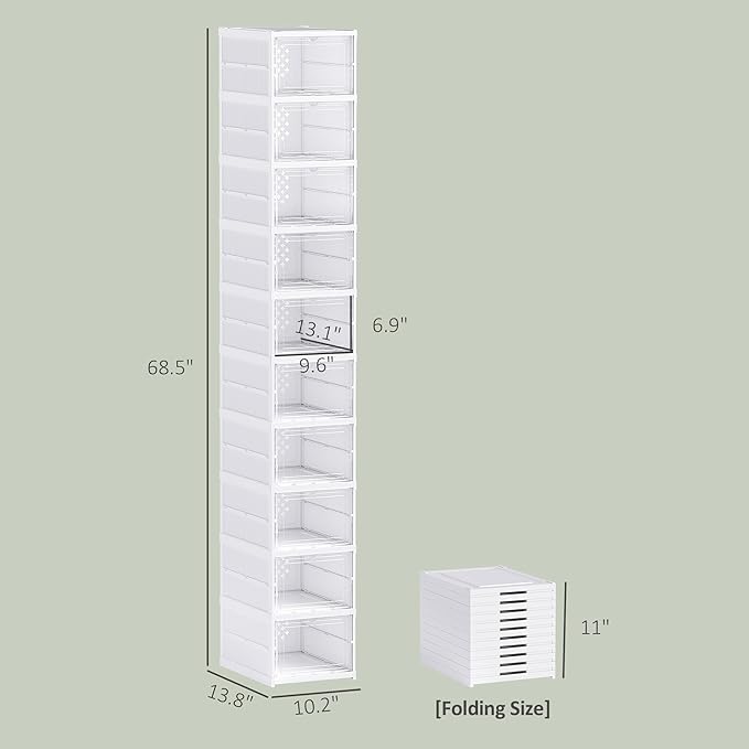 HOMCOM 10 Pack Foldable Shoe Organizer, Plastic No Assembly Stackable Shoe Storage Box with Clear Door, Space Saving, Fit up to US Size 10, White