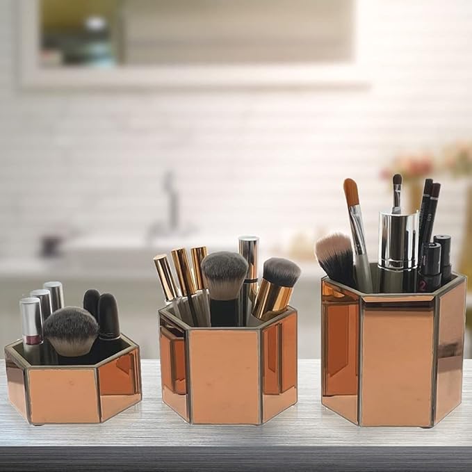 OnDisplay Tressa Set of 3 Hexagon Mirrored Trays for Makeup/Cosmetics, Brushes, Office, Jewelry and Accessories (Rose Gold)