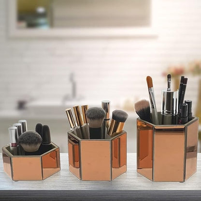 OnDisplay Tressa Set of 3 Hexagon Mirrored Trays for Makeup/Cosmetics, Brushes, Office, Jewelry and Accessories (Rose Gold)
