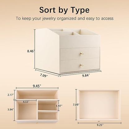 Homeanda Makeup Organizer with Drawers, PU Leather Cosmetic Storage Box Large Cosmetic Display Case for Skincare, Lipstick, Brushes, Bedroom Storage(Beige)
