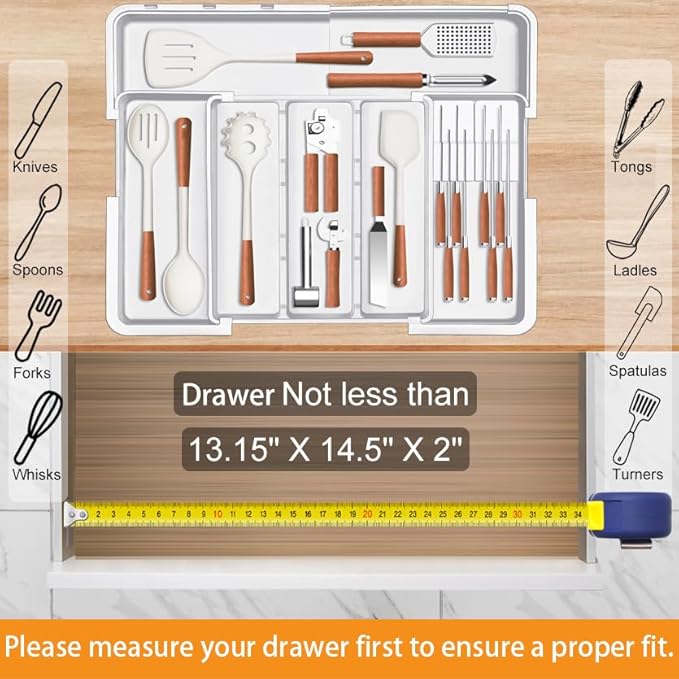 Homecor Kitchen Drawer Organizer Large Expandable Silverware Organizer, Utensil Holder and Flatware Tray, Kitchen Spatula Tools and Gadgets Storage with Removable Knife Blocks and 3 Dividers, White