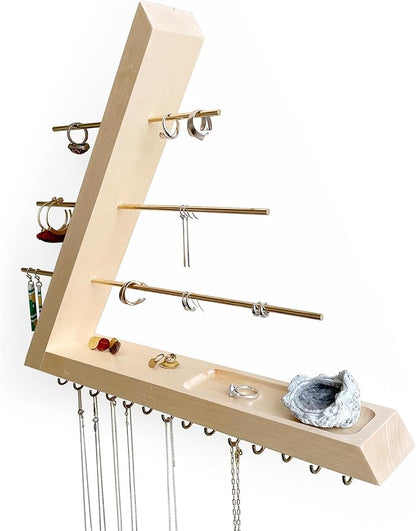 Jewelry Organizer Wall Mounted, Hardwood Hanging Jewelry Holder, Open Triangle Jewelry Display shelf for Necklaces, Earrings, Rings and Bracelets, Gift for her, Patented (Birch)