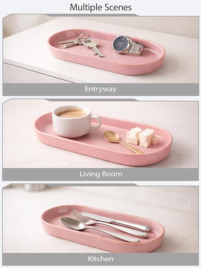 Matte Pink Ceramic Bathroom Tray for Countertop, Aesthetic Vanity Organizer Dish for Perfume, Jewelry & Soap, Oval Decorative Tray for Bathroom Sink, Dresser, Coffee Bar, Minimalist Home Decor