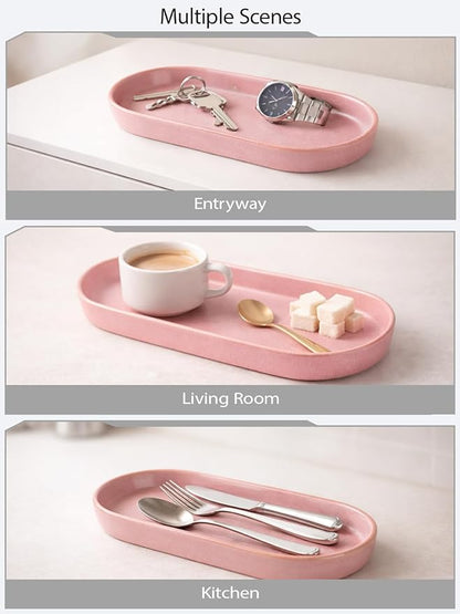 Matte Pink Ceramic Bathroom Tray for Countertop, Aesthetic Vanity Organizer Dish for Perfume, Jewelry & Soap, Oval Decorative Tray for Bathroom Sink, Dresser, Coffee Bar, Minimalist Home Decor