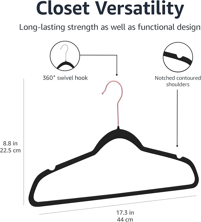 Amazon Basics Slim Velvet Non-Slip Space Saving Sturdy Suit Clothes Hangers, Closet Organizer, Black/Rose Gold, 30-Pack