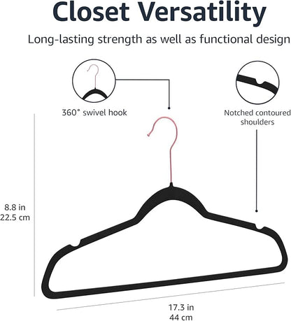 Amazon Basics Slim Velvet Non-Slip Space Saving Sturdy Suit Clothes Hangers, Closet Organizer, Black/Rose Gold, 30-Pack