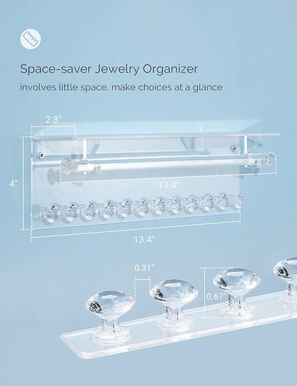 Mymazn 2 Pack Acrylic Necklace Holder with Shelf, 12 Diamond Shape Hooks and Removable Bracelet Rod, Wall Mounted Jewelry Organizer Hanging Rack Clear Jewelry Hangers