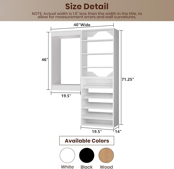 ROOMTEC Modular Closet System, 40" Wall Mounted Closet Organizer with Hanging Rods and Shoe Shelf, Wooden Tower for Walk-In Closets, Wardrobe Storage Kit, White
