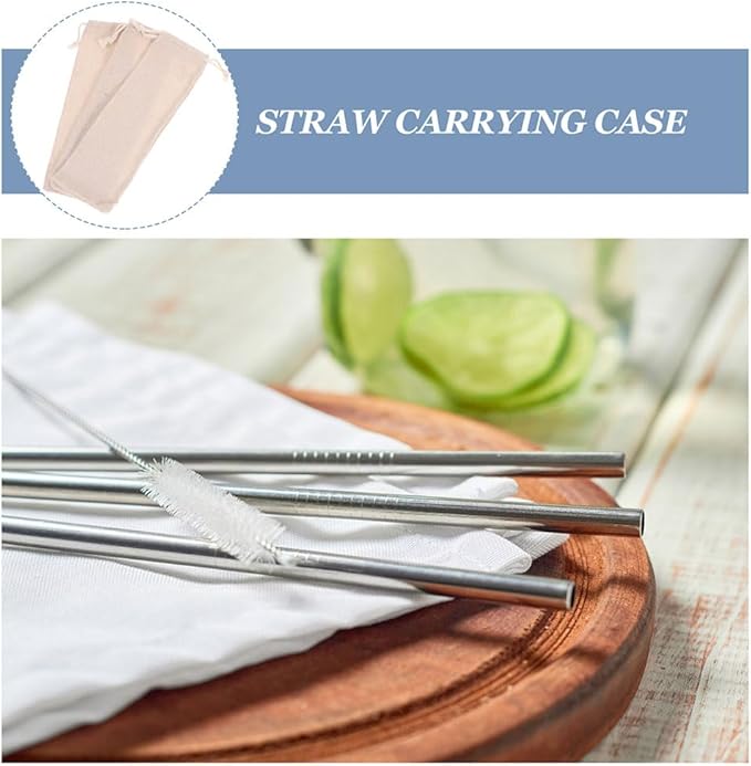 BESTonZON Straw Carrying Case Cotton Linen Pouch with Drawstring Closure Portable Organizer for Reusable Straws Forks Spoons Storage Travel Bag