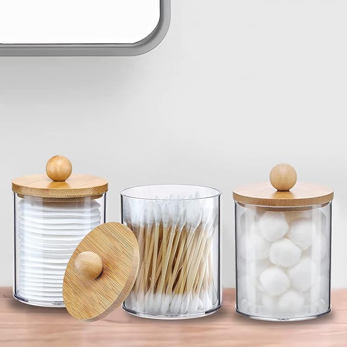 3Pcs Acrylic Qtip Holder Dispenser with Bamboo Lids ClearBathroom Jars with Tray Cotton Swab Storage Dispenser Reusable Bathroom Canisters Swab Ball Holder Dispenser for Makeup Cotton Swab Floss Pick