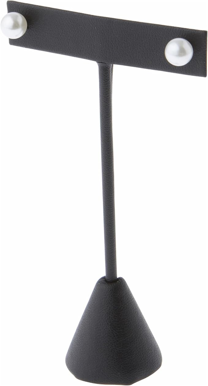 Plymor Black Faux Leather T Style, Single Pair Earring Display Stand, 2.5" W x 1.25" D x 4.5" H (Pack of 2)