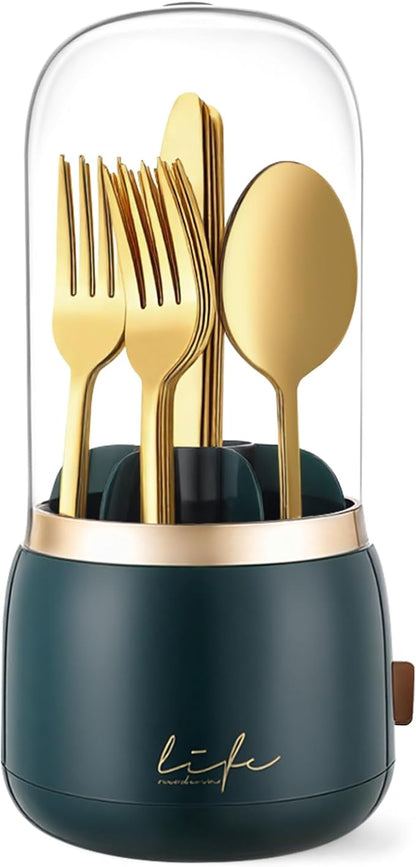 EXIN DECHEN 360 Rotation Silverware Organizer for Kitchen Counter, Utensil Holder Caddy with Cover, Spoon and Fork Organizer, 7 Slots and Intermediate Drainage Device