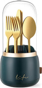 EXIN DECHEN 360 Rotation Silverware Organizer for Kitchen Counter, Utensil Holder Caddy with Cover, Spoon and Fork Organizer, 7 Slots and Intermediate Drainage Device