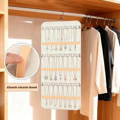 48 Pocket Oxford Fabric Double Sided Hanging Rotating Jewelry Organizer, Bracelet Necklace Jewelry Display Hanger for Closet Door, Earring Dustproof Holder Wall Mount Accessories(Off-white)