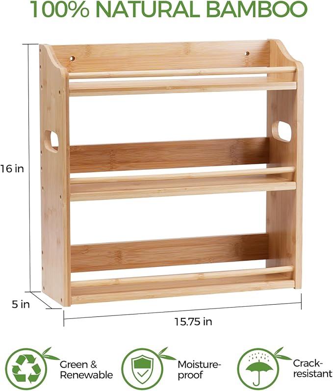 Bamboo Spice Rack Organizer, 3 Tier Spice Storage Rack with Handles, Wood Seasoning Jars Shelf for Kitchen Counter, Pantry or Wall Mounting