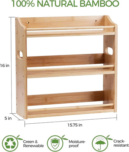 Bamboo Spice Rack Organizer, 3 Tier Spice Storage Rack with Handles, Wood Seasoning Jars Shelf for Kitchen Counter, Pantry or Wall Mounting