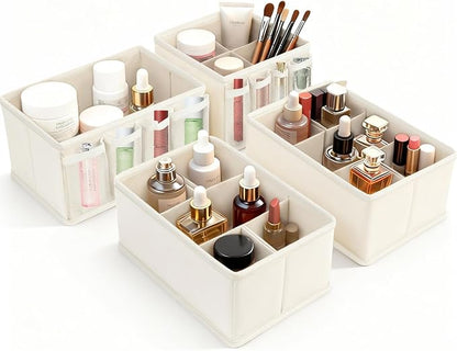 Cosmetic Storage Bins Makeup Organizer, Adjustable Multifunction Storage Box Desk Drawer Divider for Makeup Brushes, Bathroom Countertop or Dresser, Set of 4