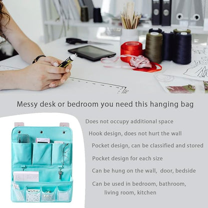 Hanging Organizer with Pockets – Wall & Door Storage Bag with 3 Sticky Hooks – Hanging Storage Organizer for Bathroom, Bedroom, Closet, Dorm, Washing Table (2Layer, Blue)