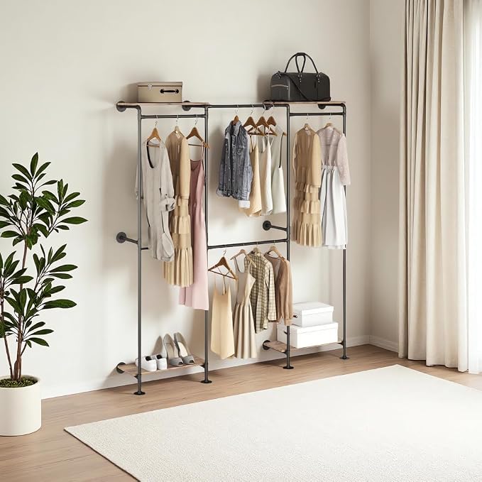 KaKaBB Industrial Pipe Clothing Rack, Wall Mounted Clothing Rack for Hanging Clothes, Adjustable L Shape Corner Clothes Rack with Shelves, Closet System for Walk in Closets(BLACK)