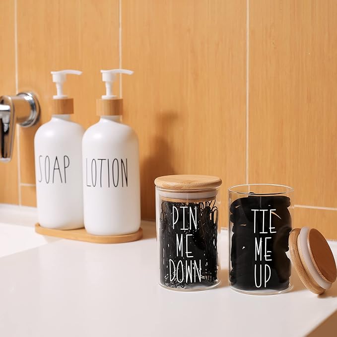 MOMEEMO Apothecary Jars with Lids for Bathroom Storage Organizer, Hair Tie Organizer & Bobby Pin Holder are Great for Bamboo Bathroom Accessories. (Hair Ties & Pins)