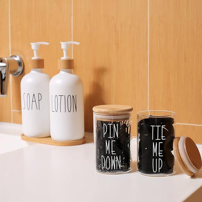 MOMEEMO Apothecary Jars with Lids for Bathroom Storage Organizer, Hair Tie Organizer & Bobby Pin Holder are Great for Bamboo Bathroom Accessories. (Hair Ties & Pins)